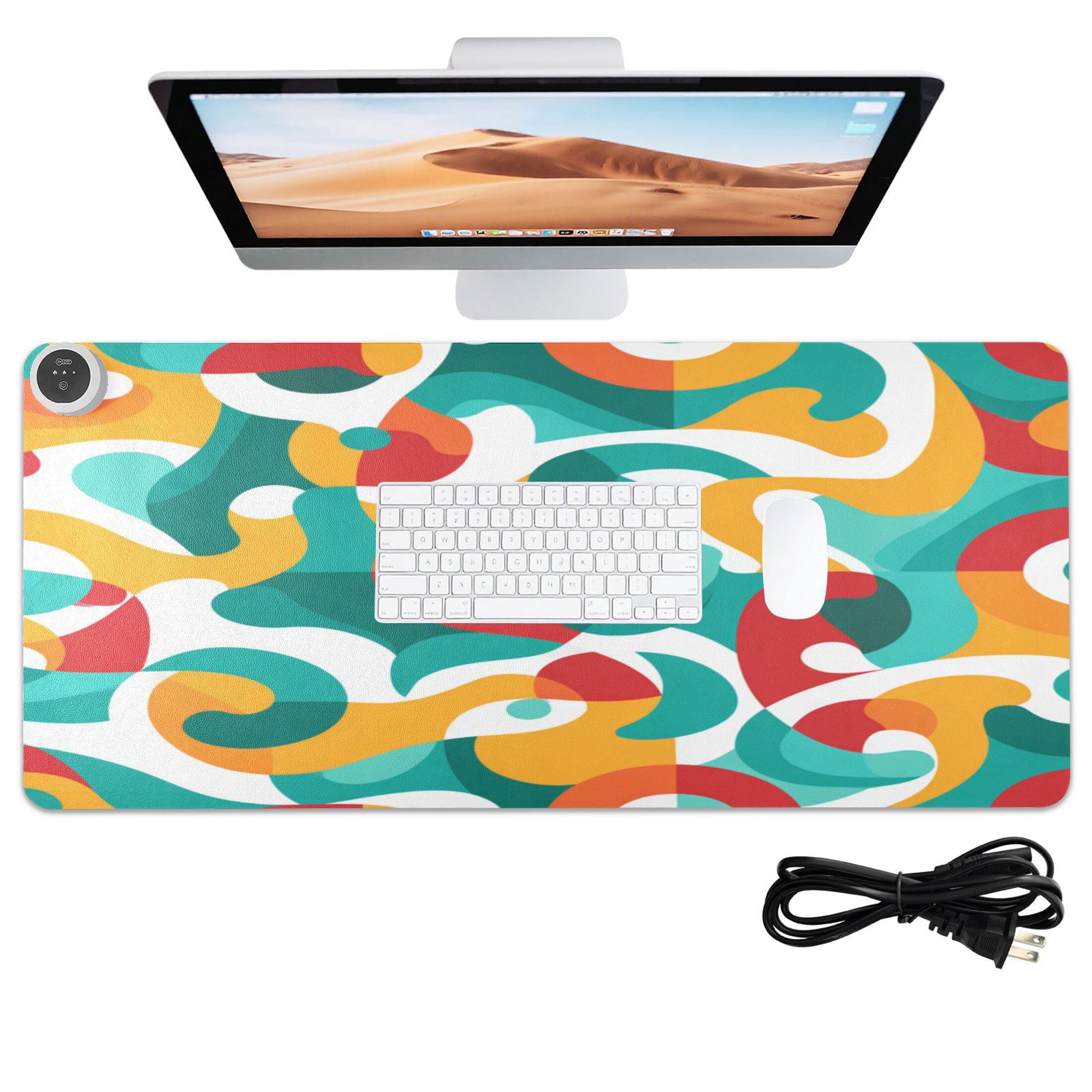 Large Heated Desk Mat Mouse Pad 31.5"x13"PU Leather Graphene Heating Desk Warmer with 3 Temperature Settings 110V US Plug Non-Slip Warm Pad for Home, Office, and Gaming Waves Of Tropical Color