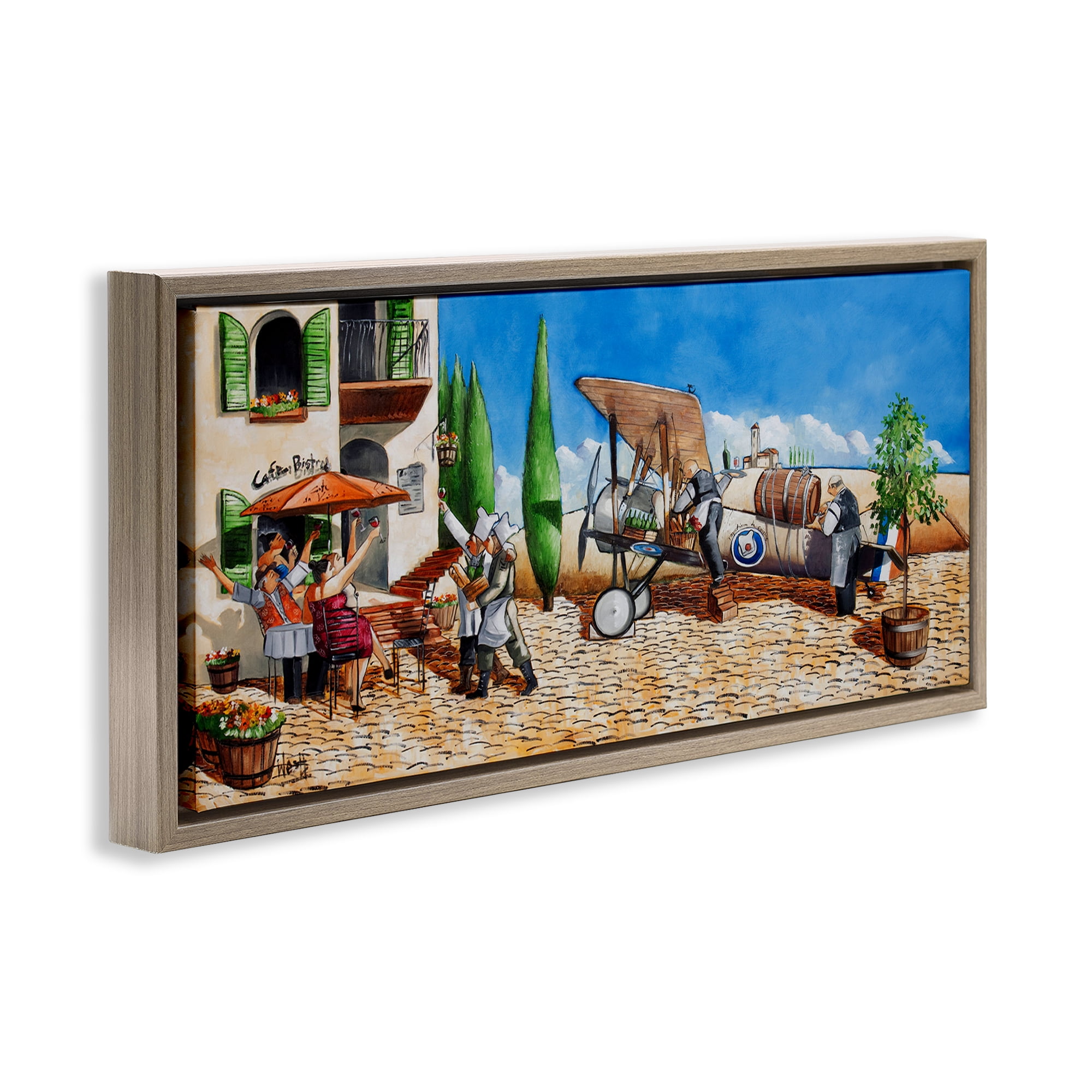 Stupell Industries Café & Airplane Scene Scenery Painting Brown Floater Framed Art Print Wall Art, 25 x 11