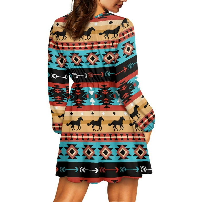 Yuyamidu Southwest Aztec Horse Dress Long Sleeve for Women Size M Casual V  Neck Midi Dresses Soft Comfortable High Waistline Flared Dress for Spring  Fall Winter - Walmart.com