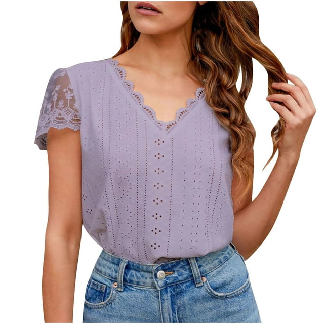 Birdeem Mode Femmes Décontracté Couleur Unie Col en V Dentelle Couture Manches Courtes Blouses Amples