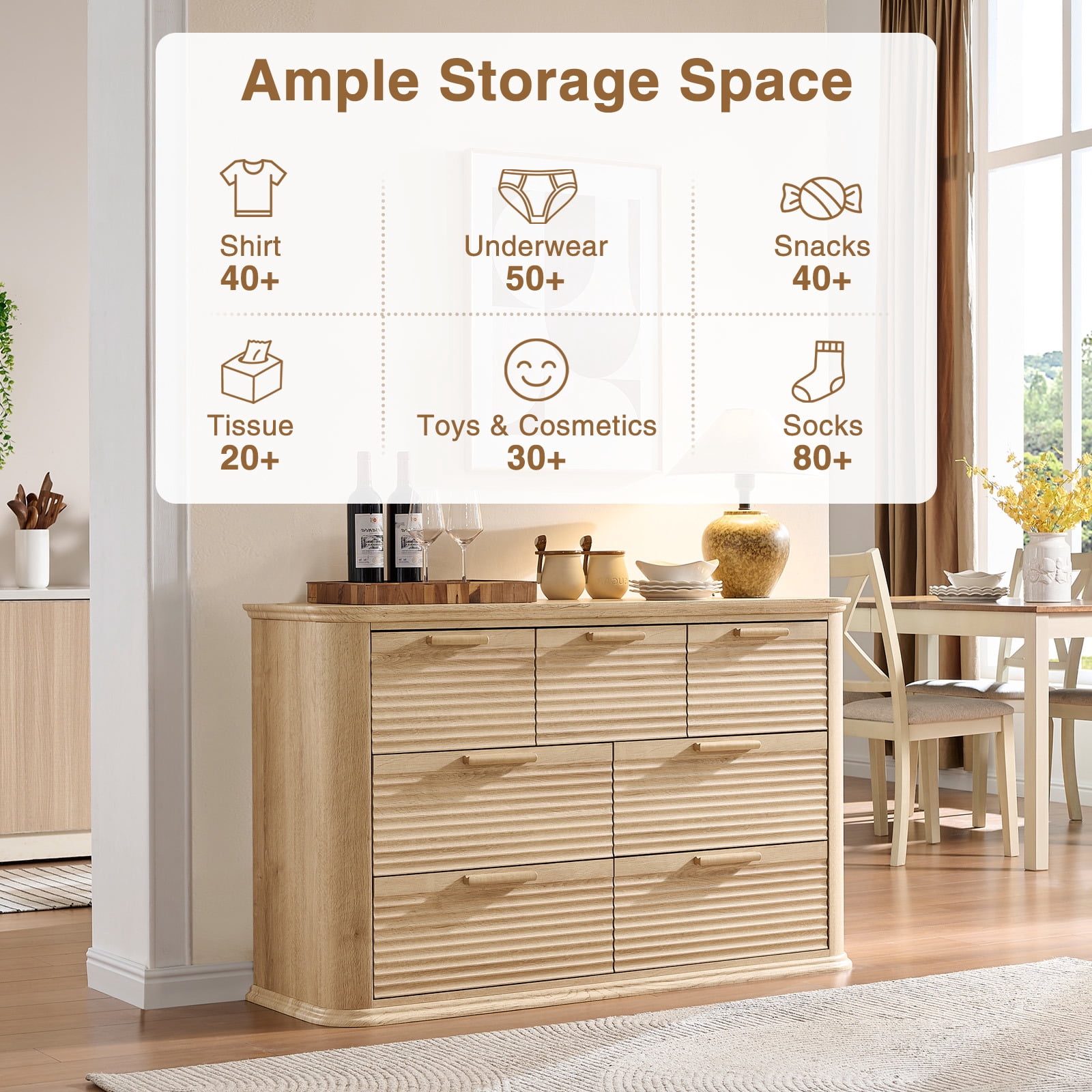 Hommoo Modern Wood Fluted 7 Drawer Dresser, 52" Wide Dresser Chest of Drawers with Curved Profile Design, Multifuctional Storage Organizer for Home, Oak