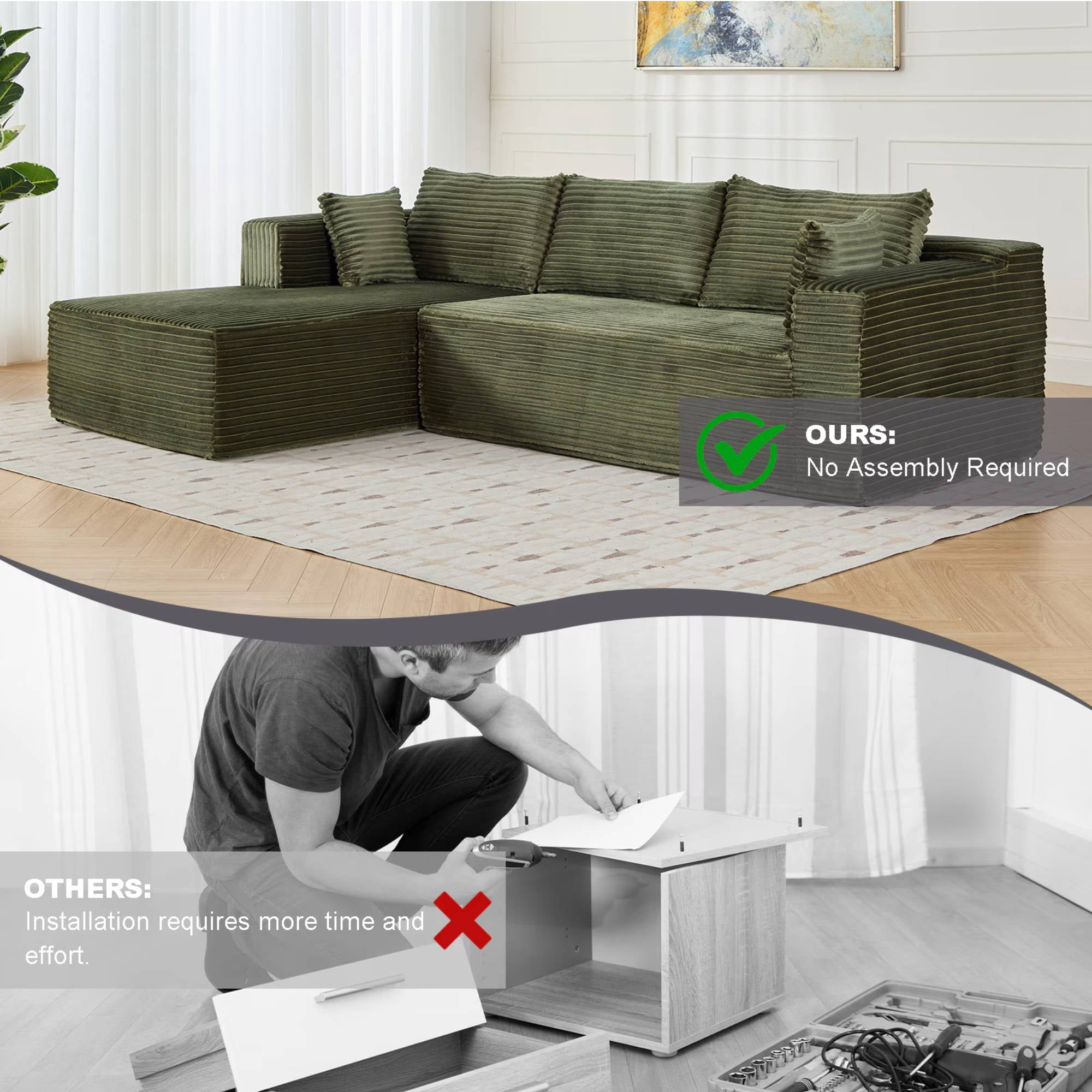 110" Cloud Sectional Couch with Chaise,Modern L-Shape Modular Sofa Corduroy Sleeper Couches for Living Room, Green