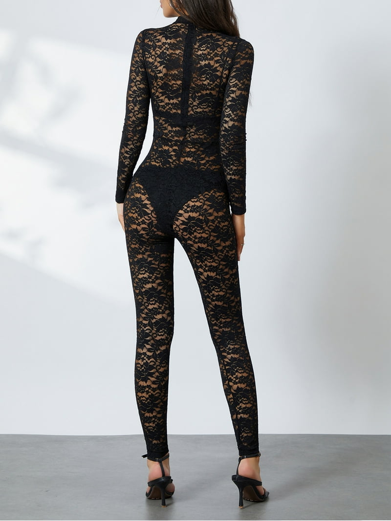 Douhoow Black Sheer Lace Bodysuits for Women Long Sleeve Mock Neck