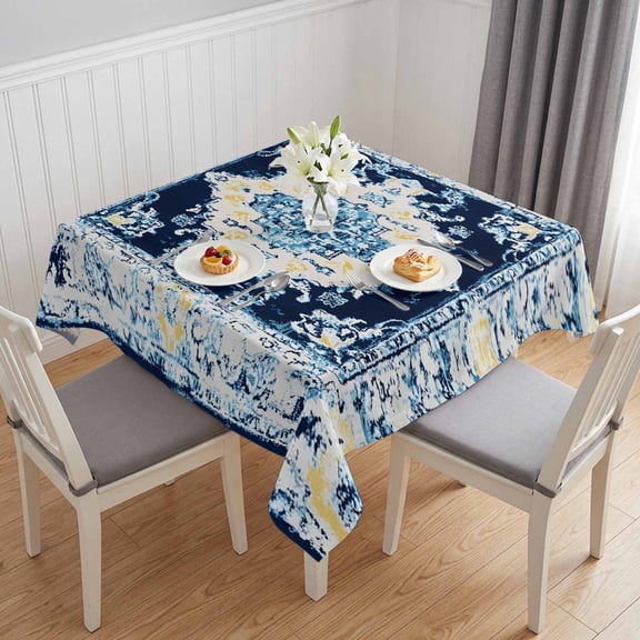Vintage Ethnic Table Cloth Waterproof Tablecloths, Boho Tribes Modern Blue Middle Century Tablecloth Dining Table Cover for Kitchen Party Tabletop Outdoor, Square Tablecloth 60x60 Inch