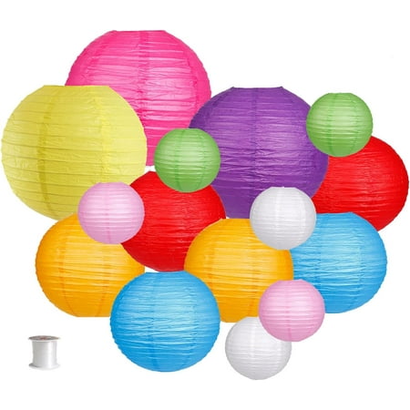 Paper Lanterns Decorative, Round Hanging Paper Lanterns for Wedding Rainbow Birthday Party Mexican Fiesta Decorations Colorful 15pcs