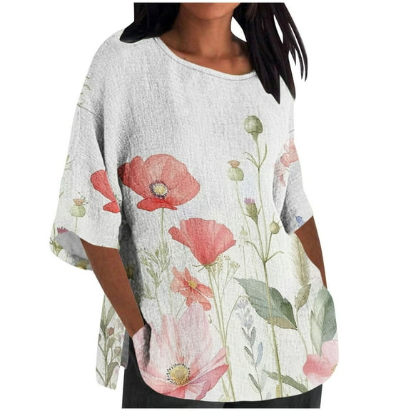 Viikei Clearance Fall Clothes for Women Fashion,Women's Ladies Fashion Casual Cropped 3/4 Sleeve Printing Loose Shirt Blouse Top White S