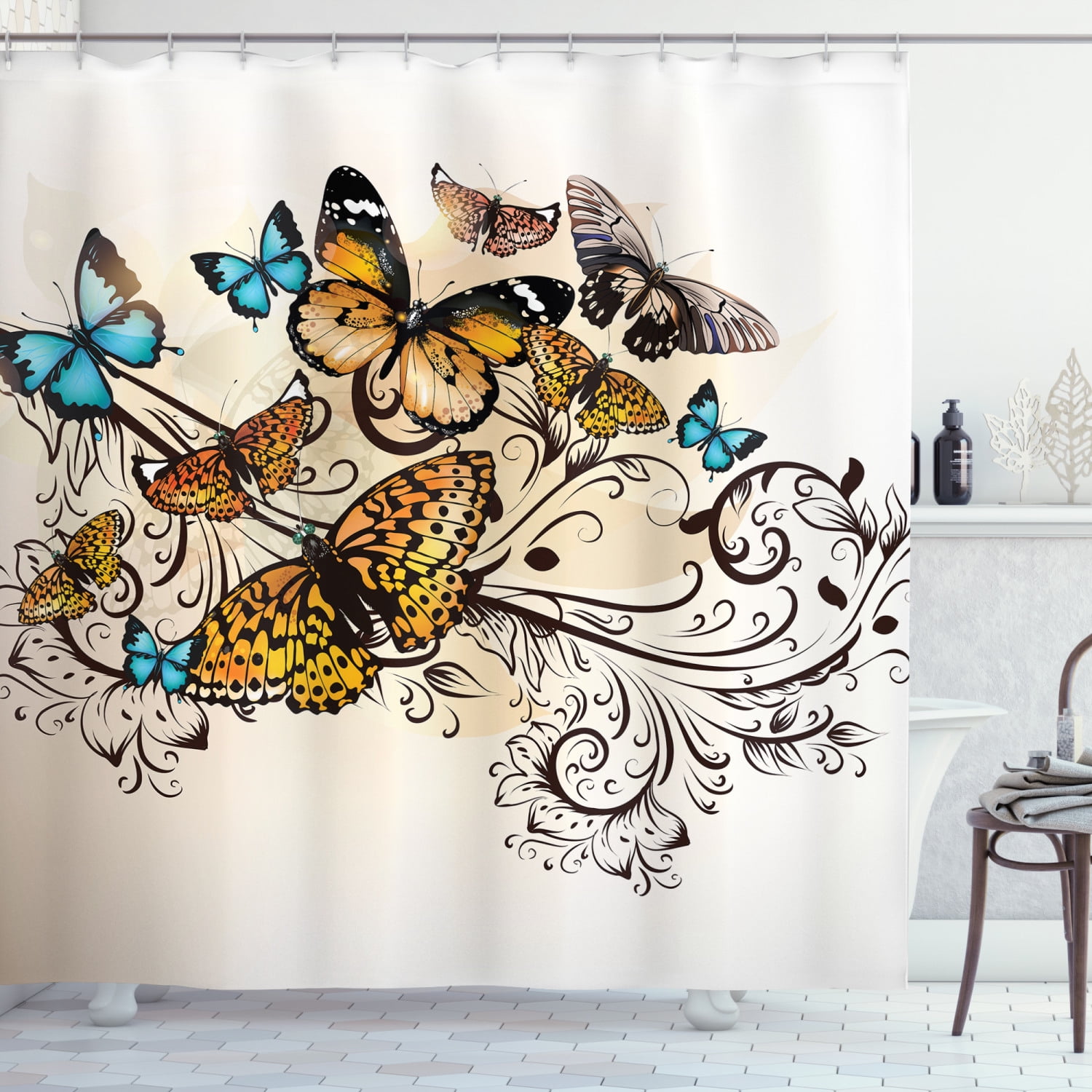 Butterfly Shower Curtain, Monarch Butterflies Vintage Artsy Damask