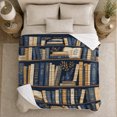 thumbnail image 5 of Ornate Bookshelf Blue Library in Vintage Scholarly Style for Book Lovers, Gold Motif Shelf Scene, Cozy Flannel Blanket for Reading Nook and Study Room, Birthday Gift, Library Home Decor, 5 of 9
