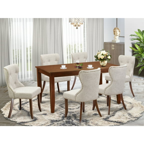 Homestock Asian Allure Furniture Dusi7-Mah-35 - A Kitchen Dining Table Set Of 6 Excellent Parson Chairs Using Linen Fabric Doeskin Color And A Fantastic Rectangle Wooden Table With Mahogany Finish