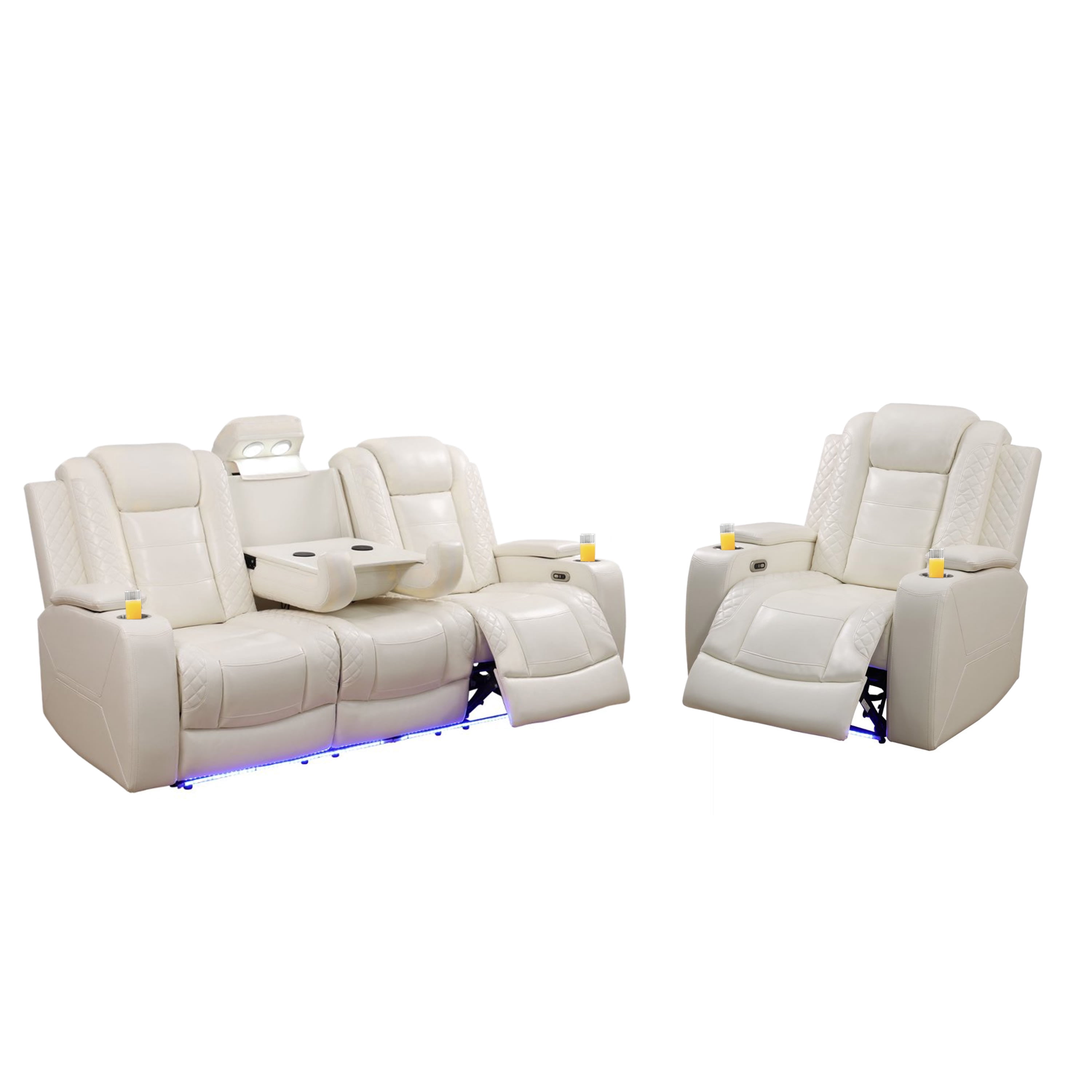 Gewnee 3-Seat Power Adjustable Sofa with 1 Recliner, Console, Cup Holders & LED Lights, Air Leather, Adjustable Recline, for Living Room,Beige