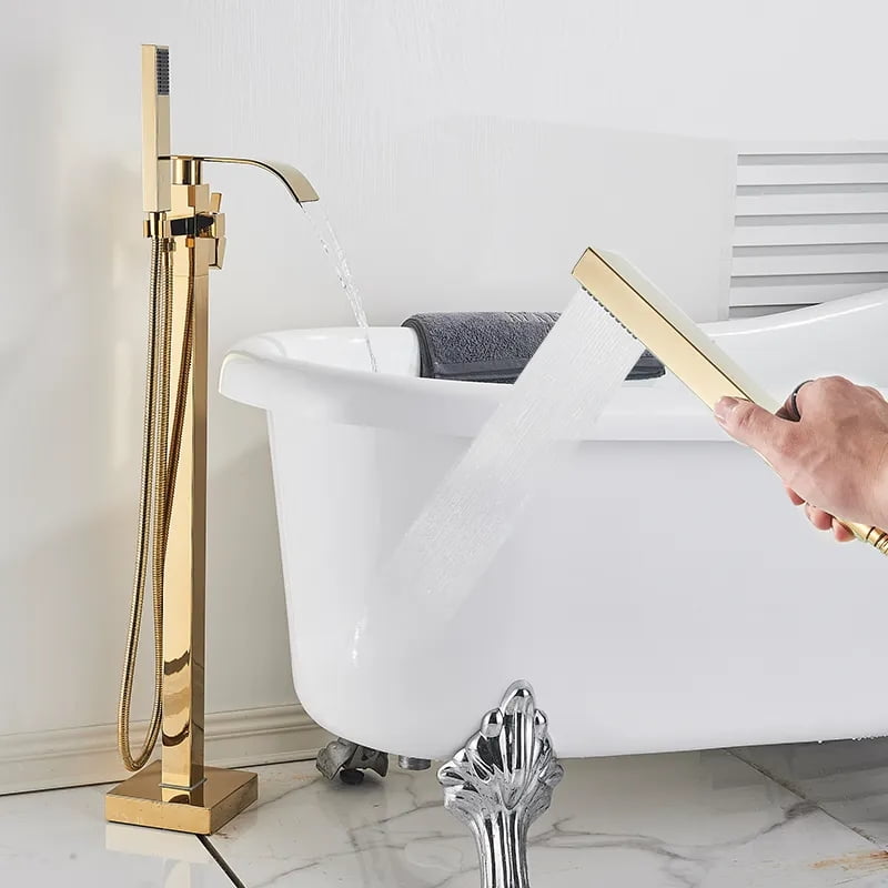 Gold Freestanding Bathtub Faucet Tub Filler Floor Mounted Hand Shower Mixer