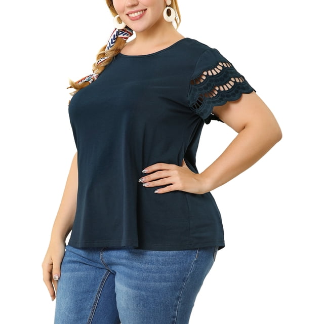 Women's Plus Size Tops Lace Panel Elegant Work Short Sleeve Top Dark Blue 3X