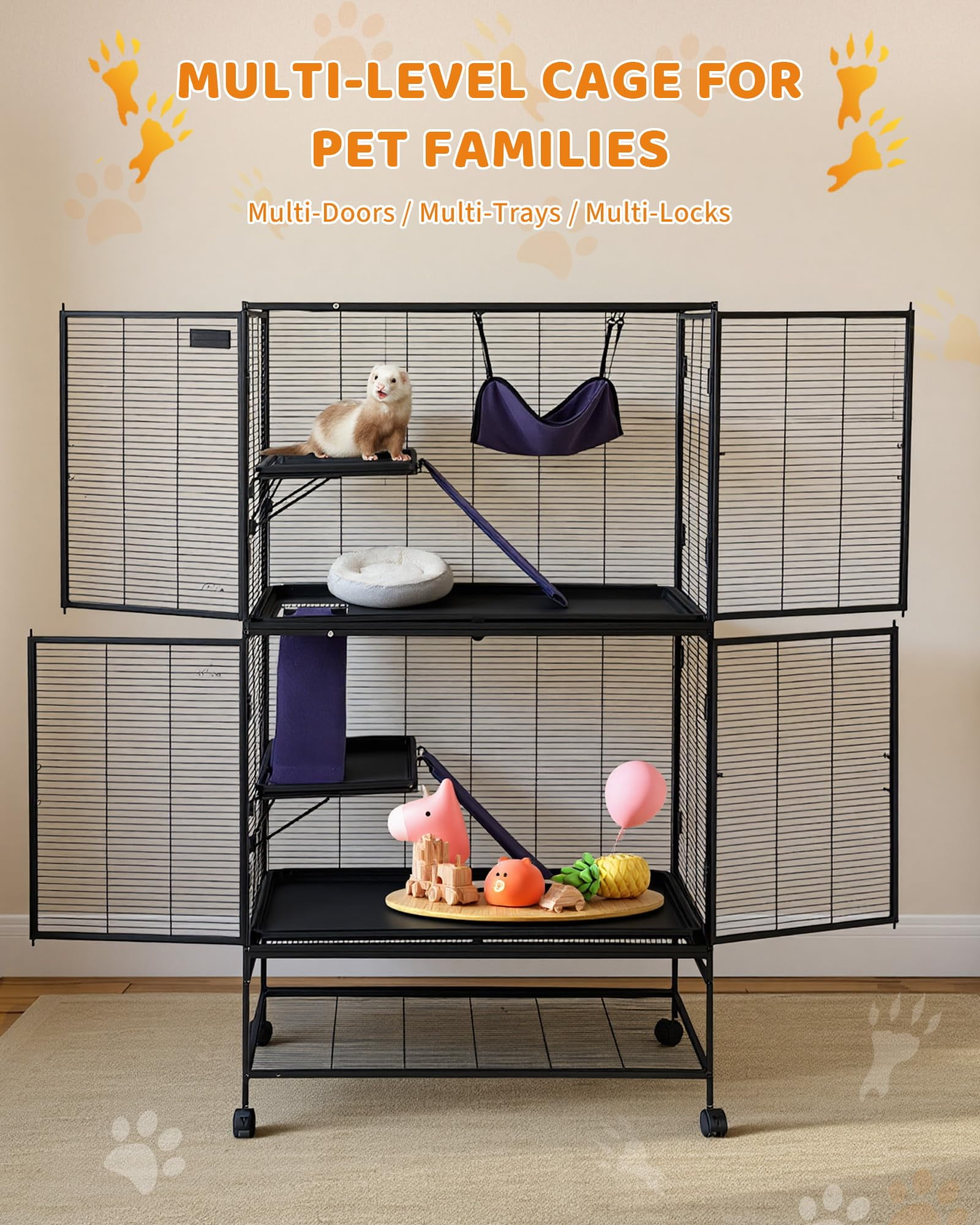 4-Tier Heavy-Duty Small Animal Cage for Ferrets, Chinchillas, Guinea Pigs, Hamsters, Rabbits – Metal Construction, Ramp, Hammock, Storage Shelf, Removable Tray – Easy Assembly & Cleaning