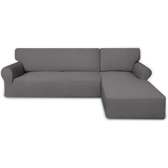 Super Stretch Sectional Couch Covers - 2 pcs Non Slip Sofa Covers with Elastic Bottom for L Shape Sectional Sofa Couches, Great for Kids & Pets (3 Seat Sofa + 3 Seat Chaise, Light Gray)