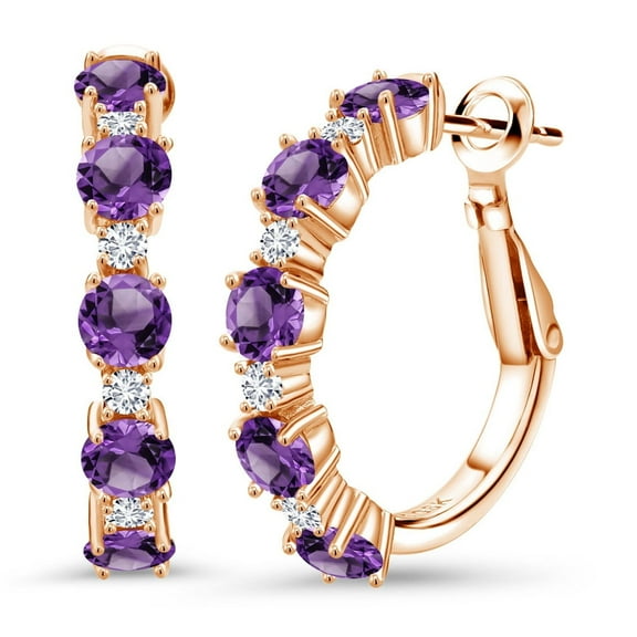 Gem Stone King 18K Rose Gold Plated Silver Purple Amethyst and White Lab Grown Diamond Hoop Earrings for Women (2.80 Cttw, Round 4MM and 1.9MM, Gemstone Birthstone 1 inch Diameter)