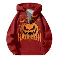 thumbnail image 3 of Hoodies for Men Halloween Letters Pumpkin Print Half Zip Double Layer Hooded Sweatshirt Pullover Casual Warm Fall Winter Loose Sweatshirts for Men Red S, 3 of 4
