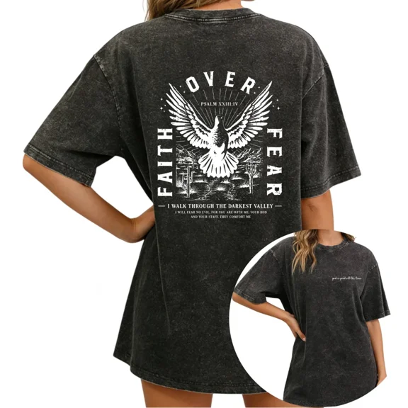UNISHE Women Faith Over Fear Vintage Washed T-Shirt Oversized Short Sleeve Crewneck Loose Fit Psalm 23:4 Christian Dove Faith Graphic Tee