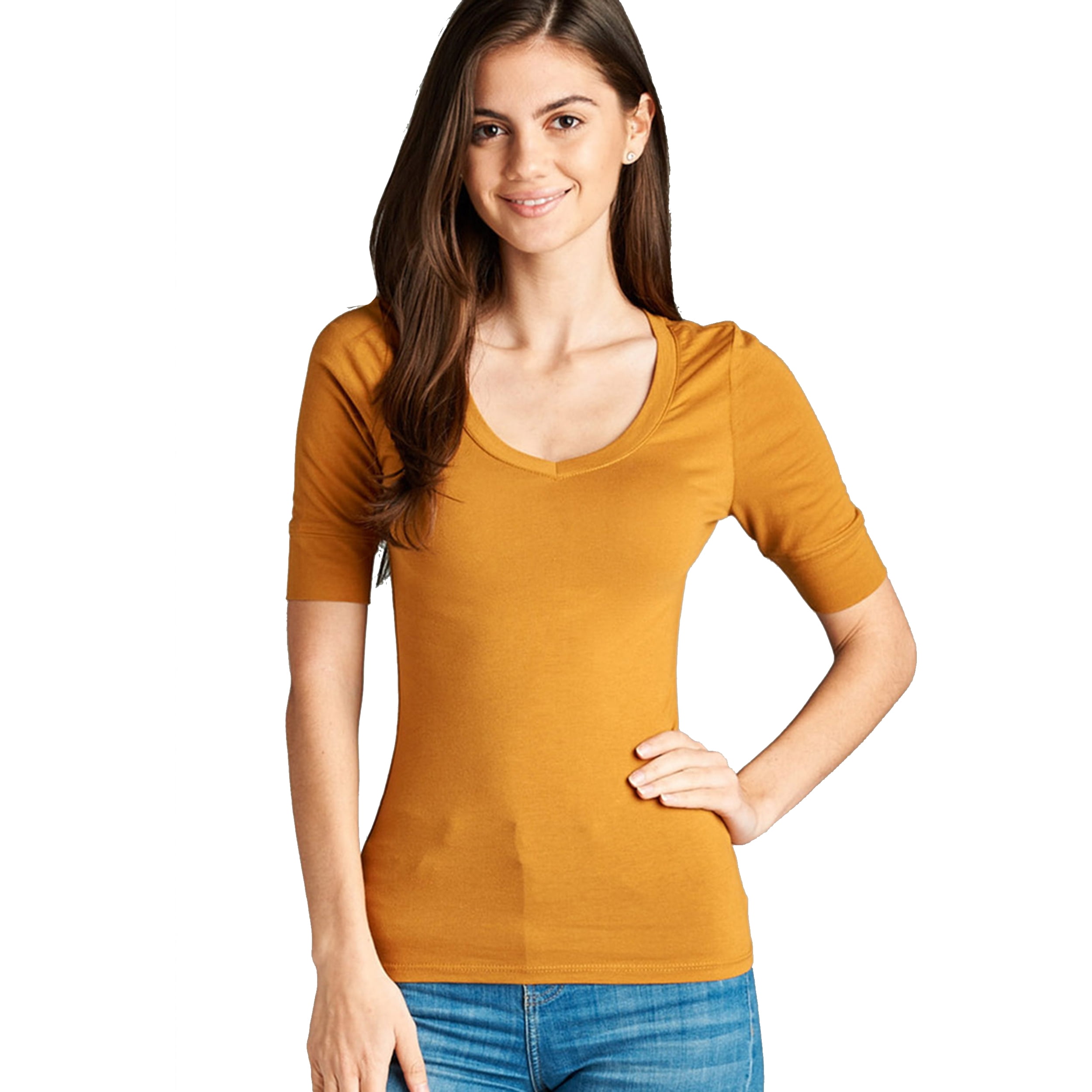 Snj Womens Basic Elbow Sleeve V Neck Cotton T Shirt Plain Top Plus