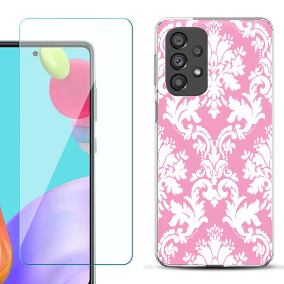 Slim-Fit Gel TPU Phone Case for Samsung Galaxy A33 5G, with Tempered Glass Screen Protector, by OneToughShield ® - Victorian White/Pink