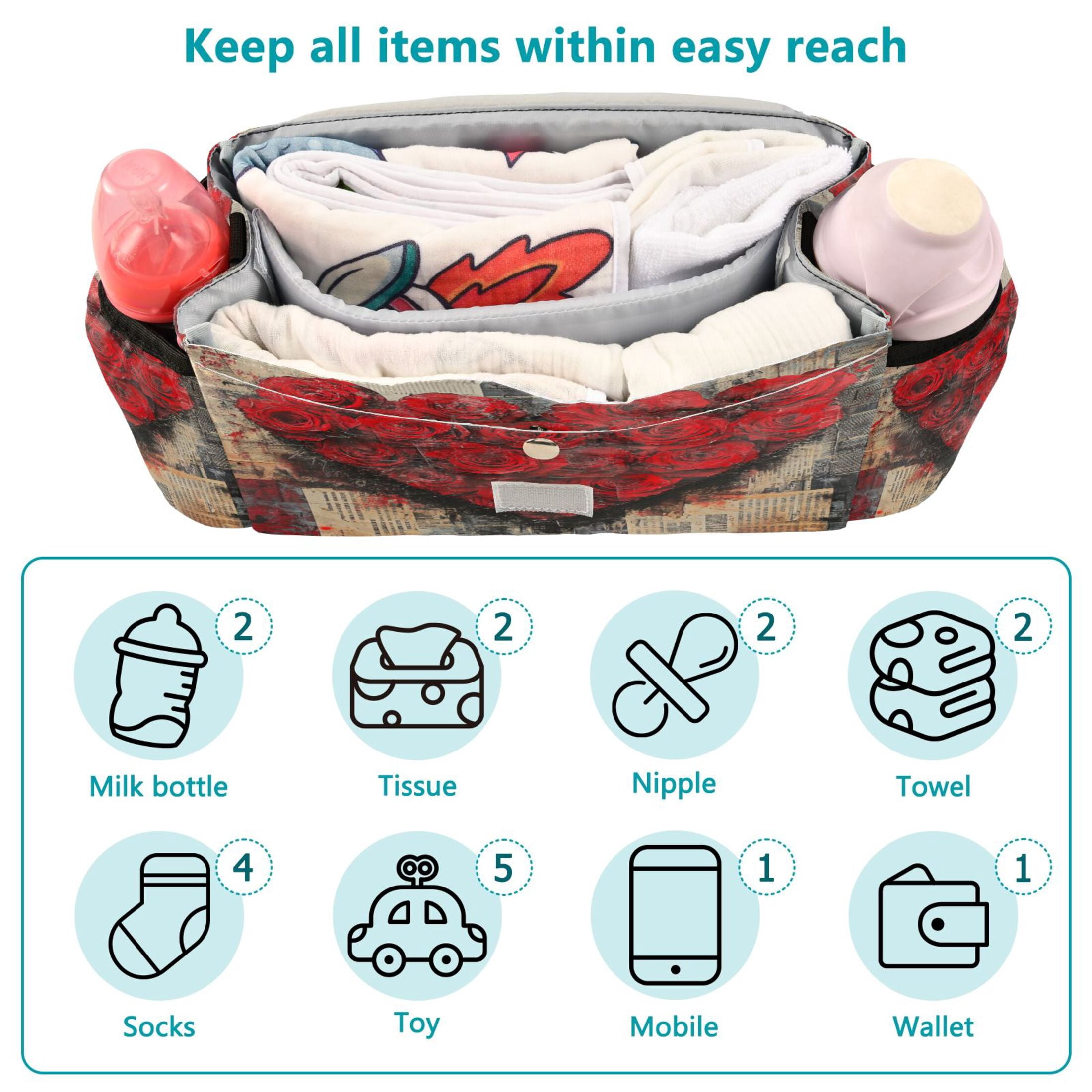 DIXRUYEE Stroller Organizer Roses Of Love Printed