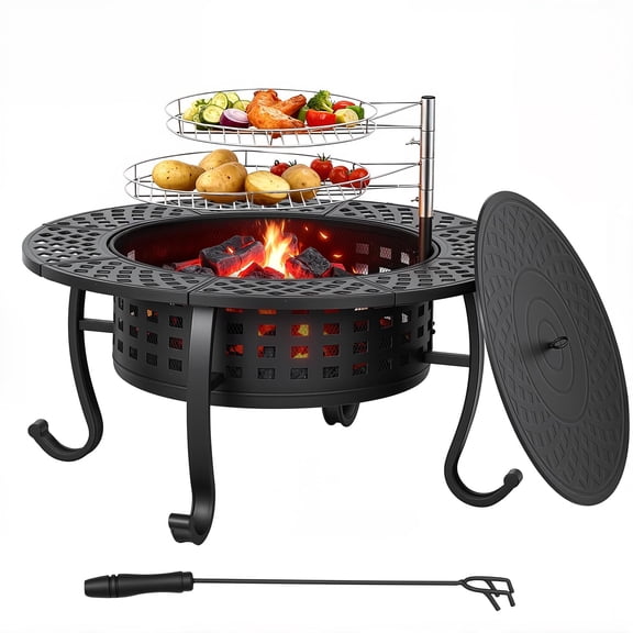 NiamVelo 36 Inch Fire Pit with 2 Cooking Grates, Wood Burning Fire Pits for Outside with Lid & Poker BBQ& Outdoor Firepit & Round Metal Table 3 in 1 for Patio, Picnic, Party, Black