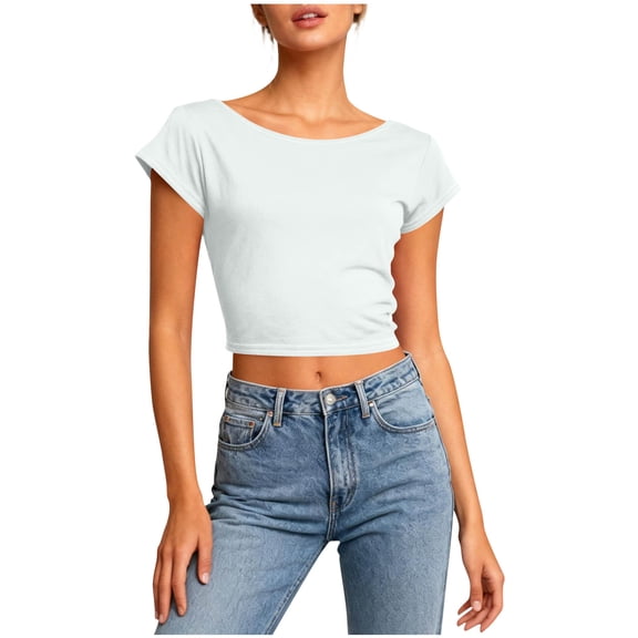 Sexlip Women's Twist Backless Short Sleeve T Shirts Tops Round Neck Curved Hem Casual Workout Tee White S