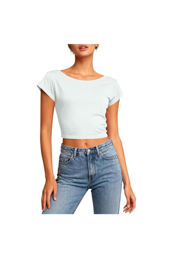 Women's Backless Oversized Tee, Open Back Short Sleeve Top with Asymmetrical Hem - Solid Casual Shirt