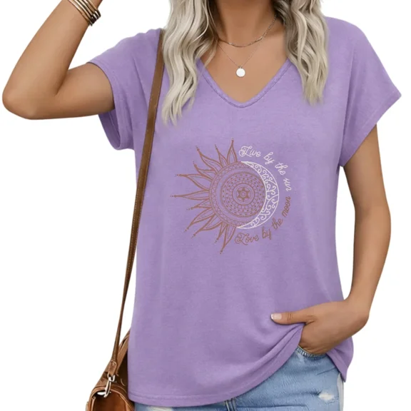 UNISHE Women V-Neck Sleeveless Tee with Sun Moon Mandala Graphic Casual Loose Fit Daily Wear