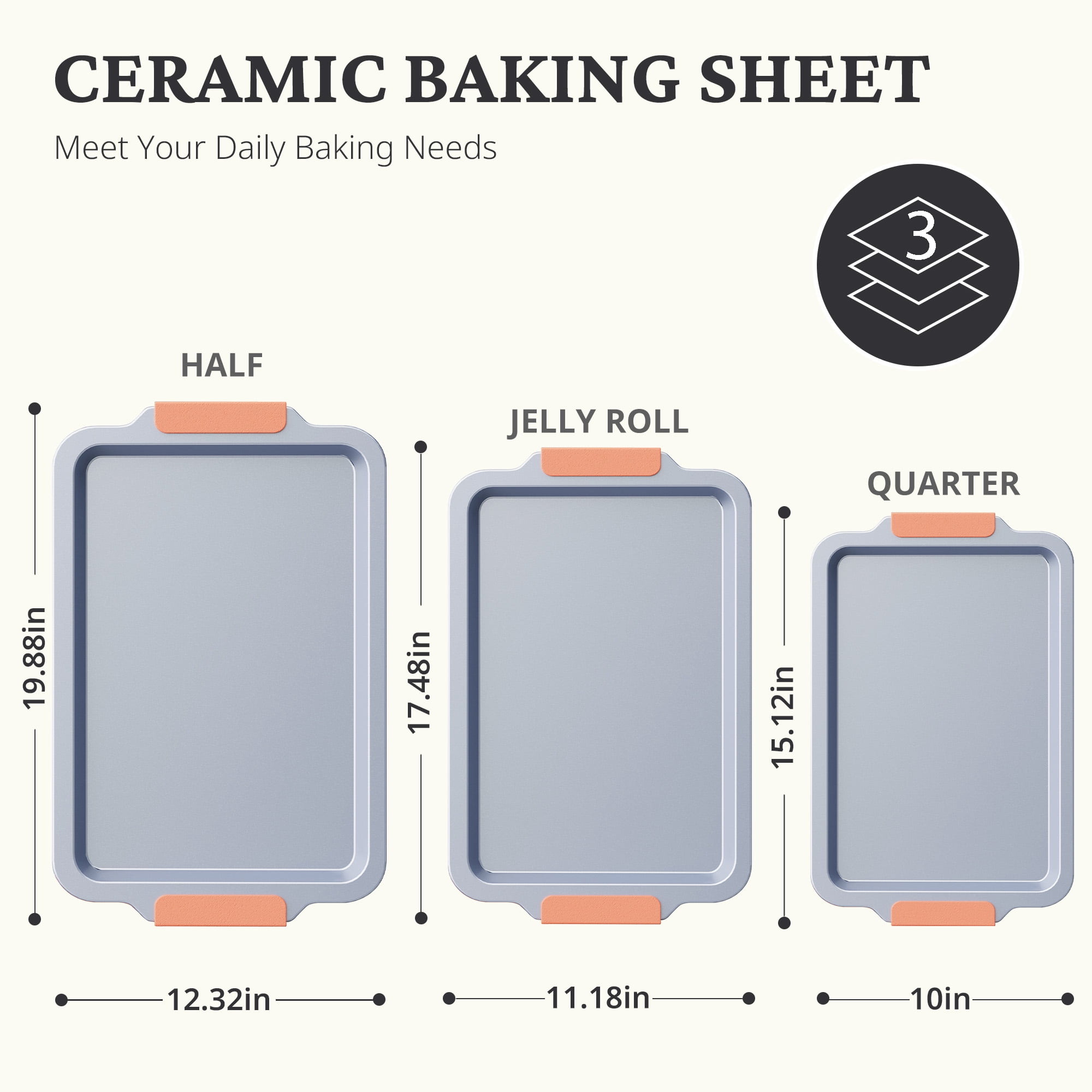 HONGBAKE Non Toxic Ceramic Cookie Sheets for Baking, 3-piece Non Stick Baking Sheet Pans for Oven, Heavy Duty Aluminized Steel Baking Pans Set with Silicone Handles -Orange