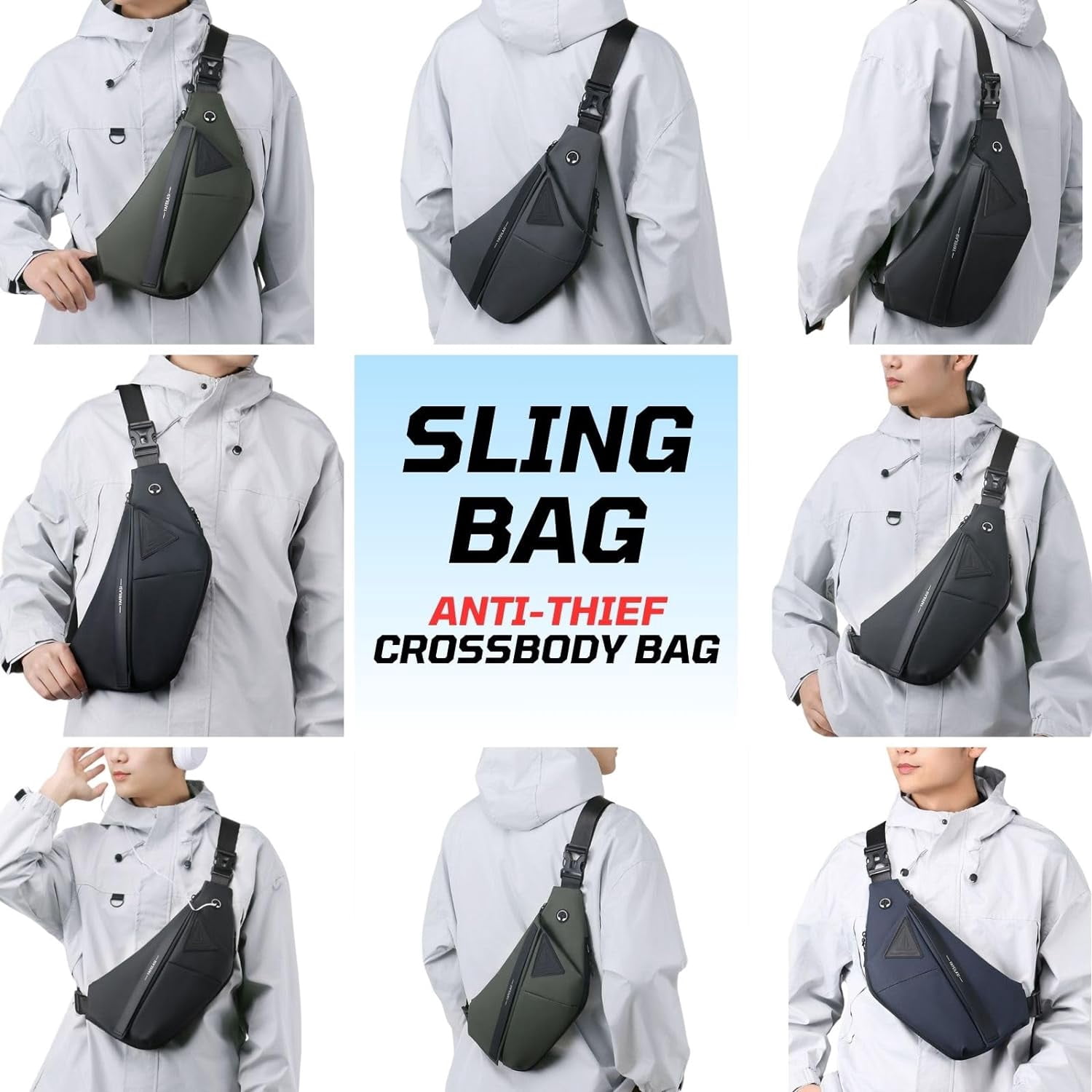 Anti-Theft Travel Sling Bag for Men and Women Expandable Waterproof Crossbody Bag Chest Shoulder Backpack (Black - Left shoulder)
