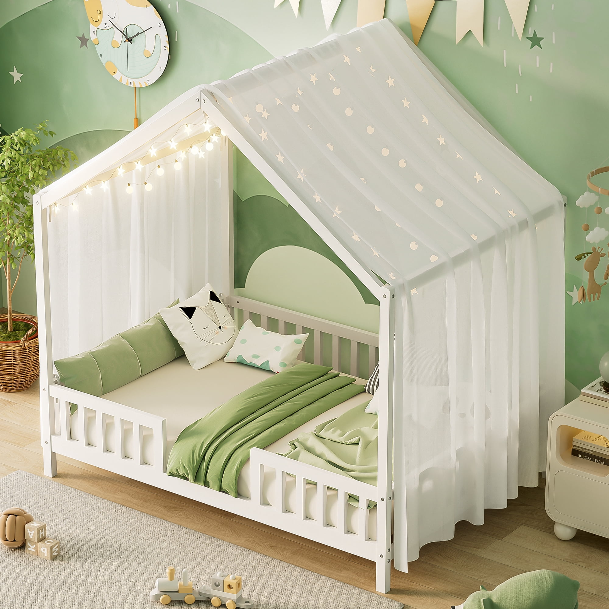Harper & Bright Designs Montessori Floor Bed with Canopy and Roof, Full Wood House Shape Bed Frame with Railings for Girls Boys Bedroom, White