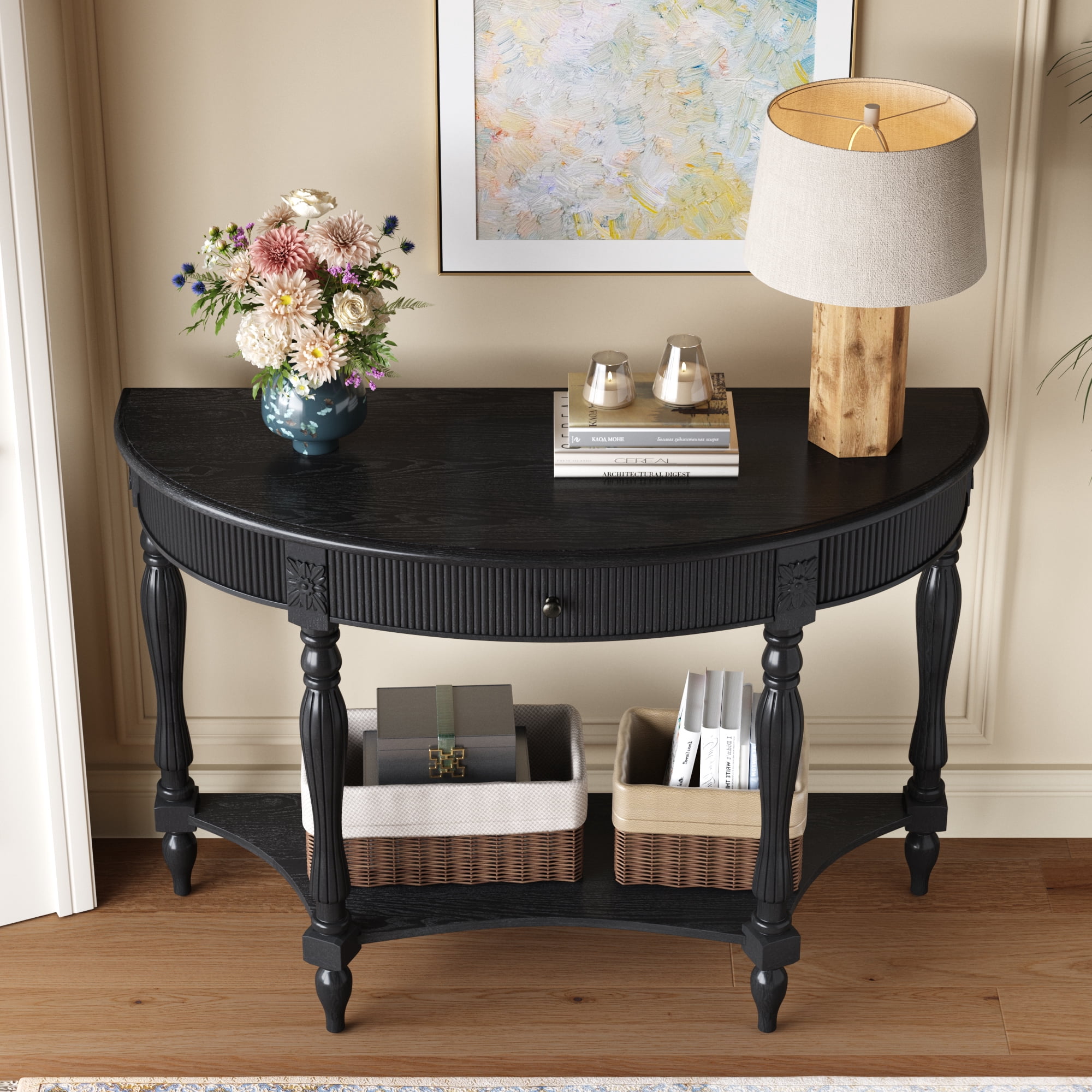 Solid Wood Half Moon Console Table with Drawer & Shelf, Fluted Vintage Curved Entryway Table for Hallway Living Room Foyer, Narrow Space-Saving Accent Furniture with Roman Column Carved Legs, Black