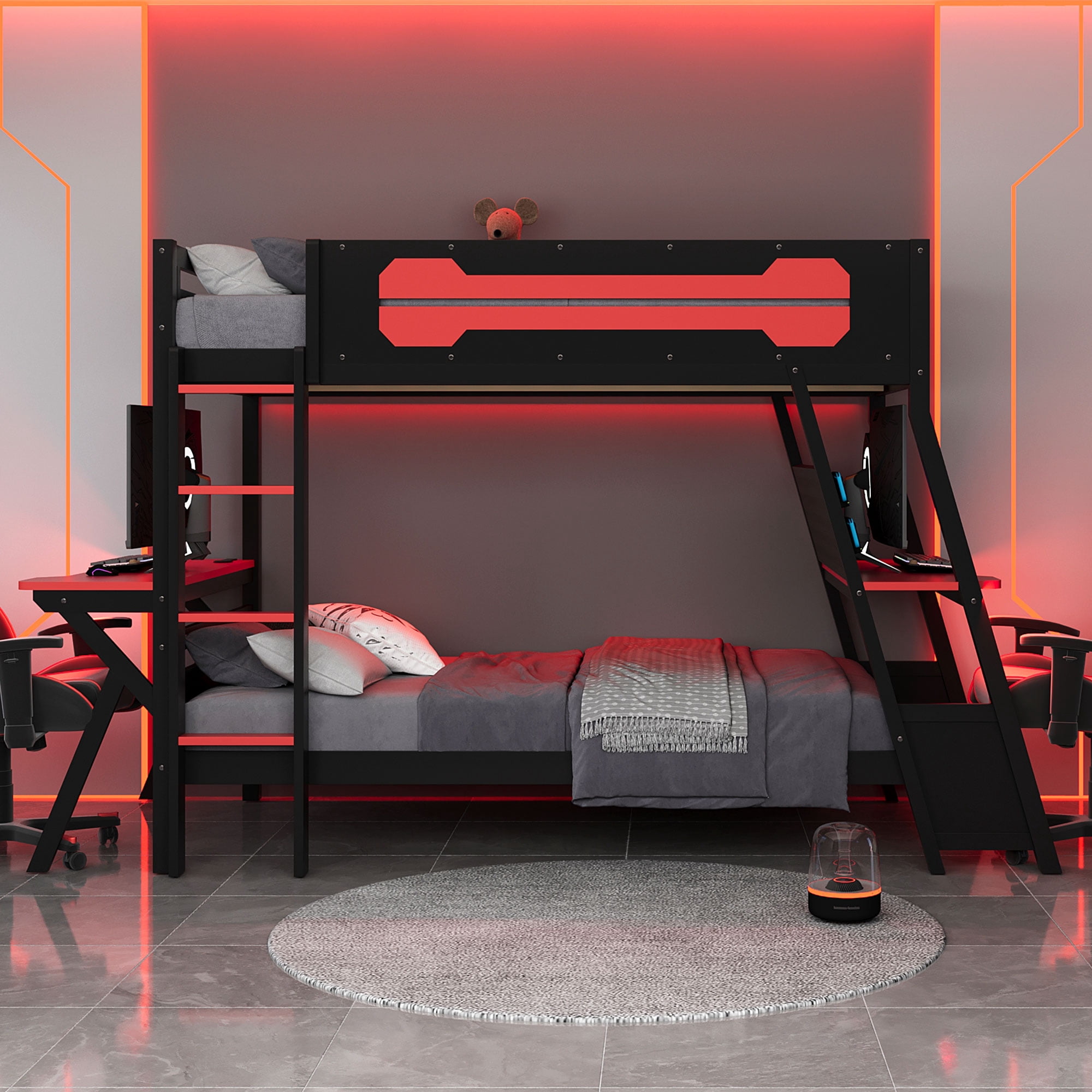 Aukfa Twin over Twin Bunk Bed with Built-In Desks, USB Charging Ports & Pegboard Organizer, Wood E-Sports Gaming Bed Frame for Kids/Teens, Red