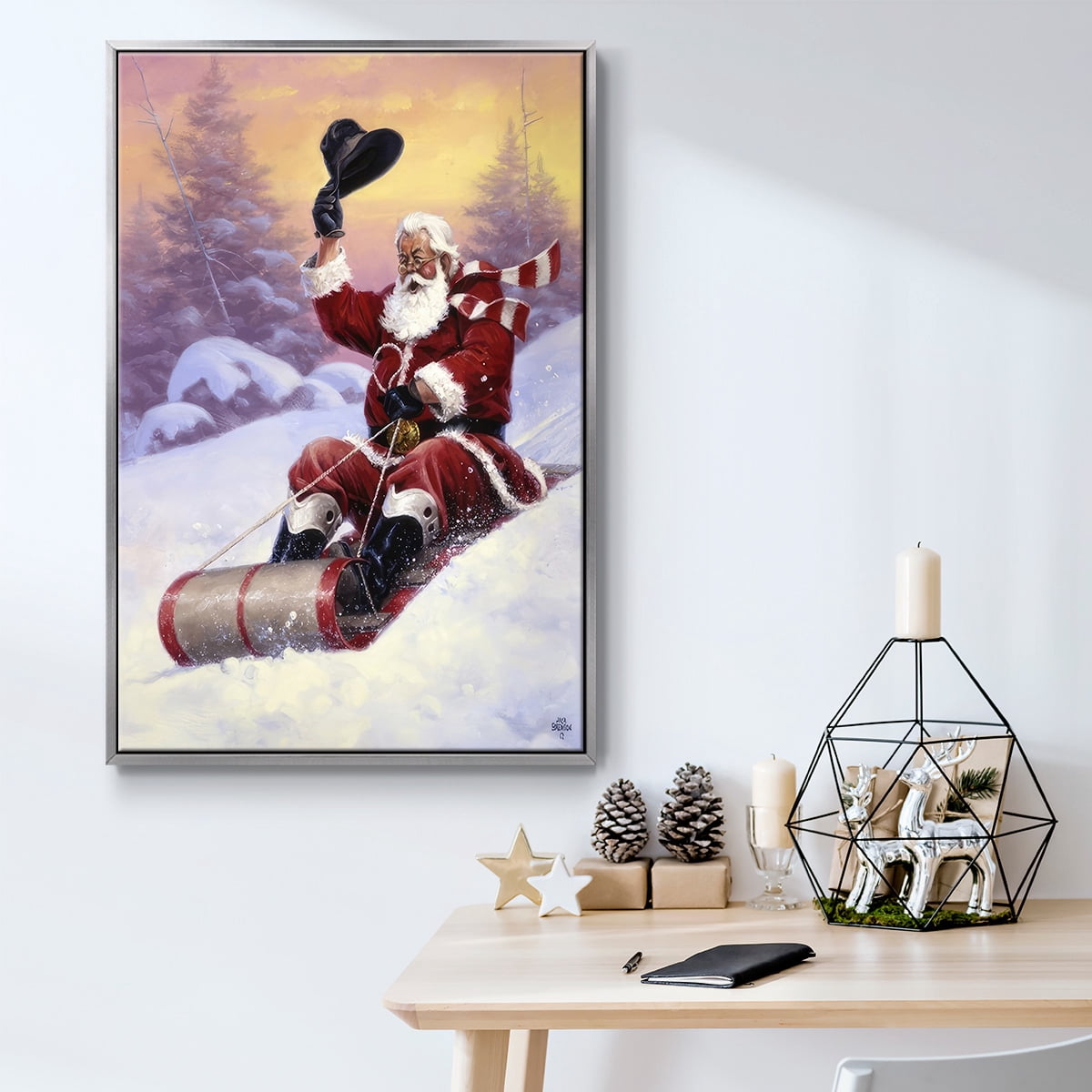 Here Comes Santa - Framed Gallery Wrapped Holiday Canvas - 25 x 37 - Silver Frame