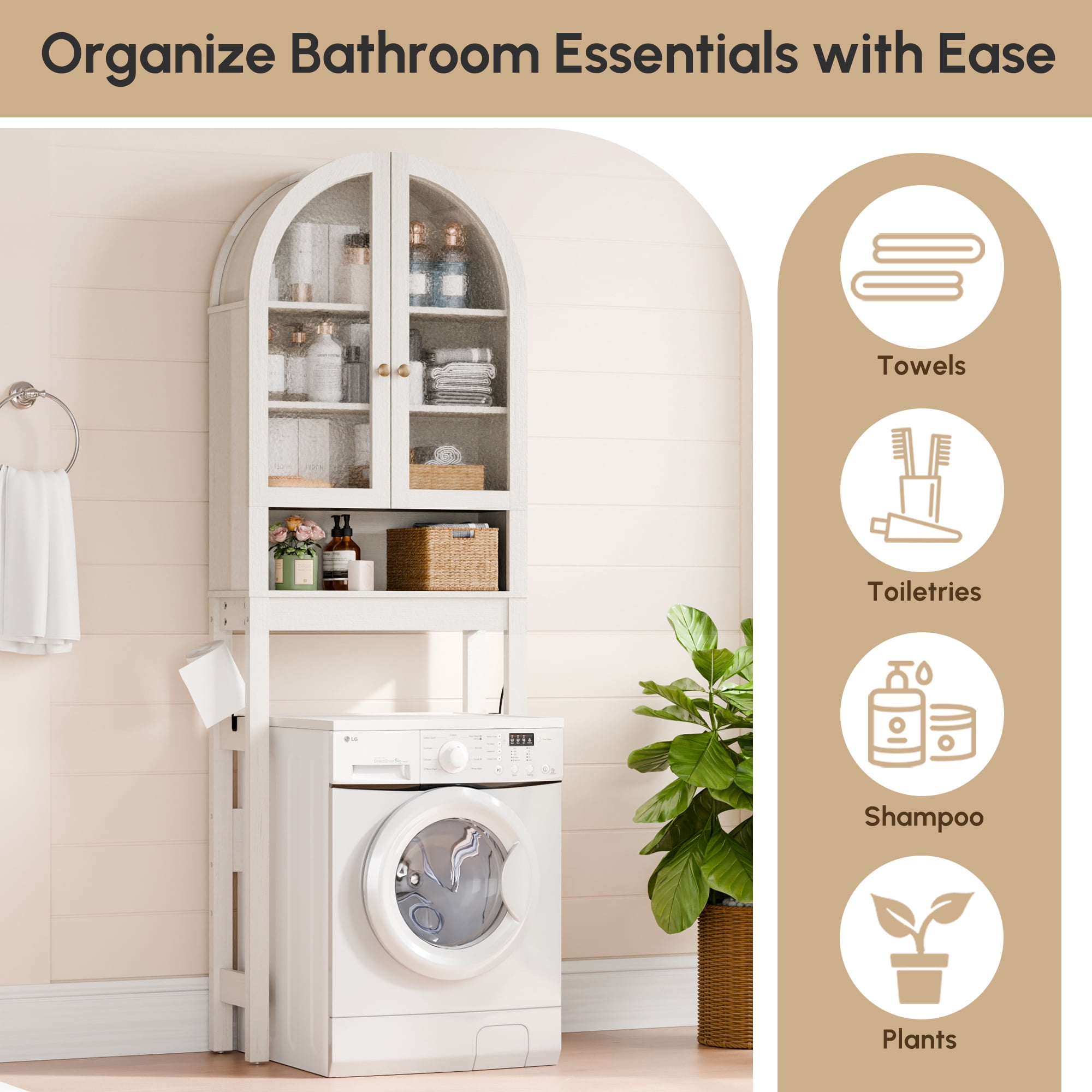 HMstone Over The Toilet Storage Cabinet, 23.7’’W Bathroom Storage Shelf Organizer with Acrylic Doors, Freestanding Above The Toilet Storage Cabinet with Adjustable Shelf for Bathroom, White