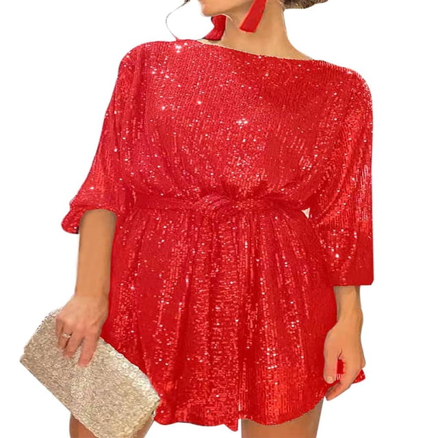Robe de Soirée à Paillettes pour Femmes, Scintillante, Manches Longues, Col Ras du Cou, Courte, Robe de Cocktail