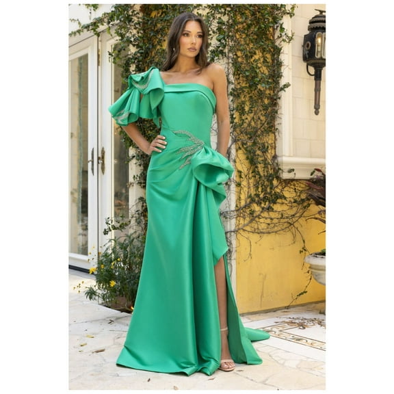 Women's Terani Couture 242e3117 Stretch Bodycon Mikado One Shoulder Long Column Dress Emerald Green 16
