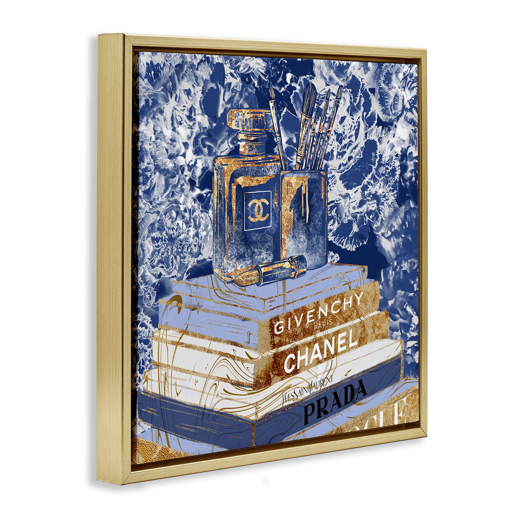 Stupell Industries Blue Fashion Book Pile Beauty & Fashion Painting Gold Floater Framed Canvas Art Print Wall Art, 25 x 25