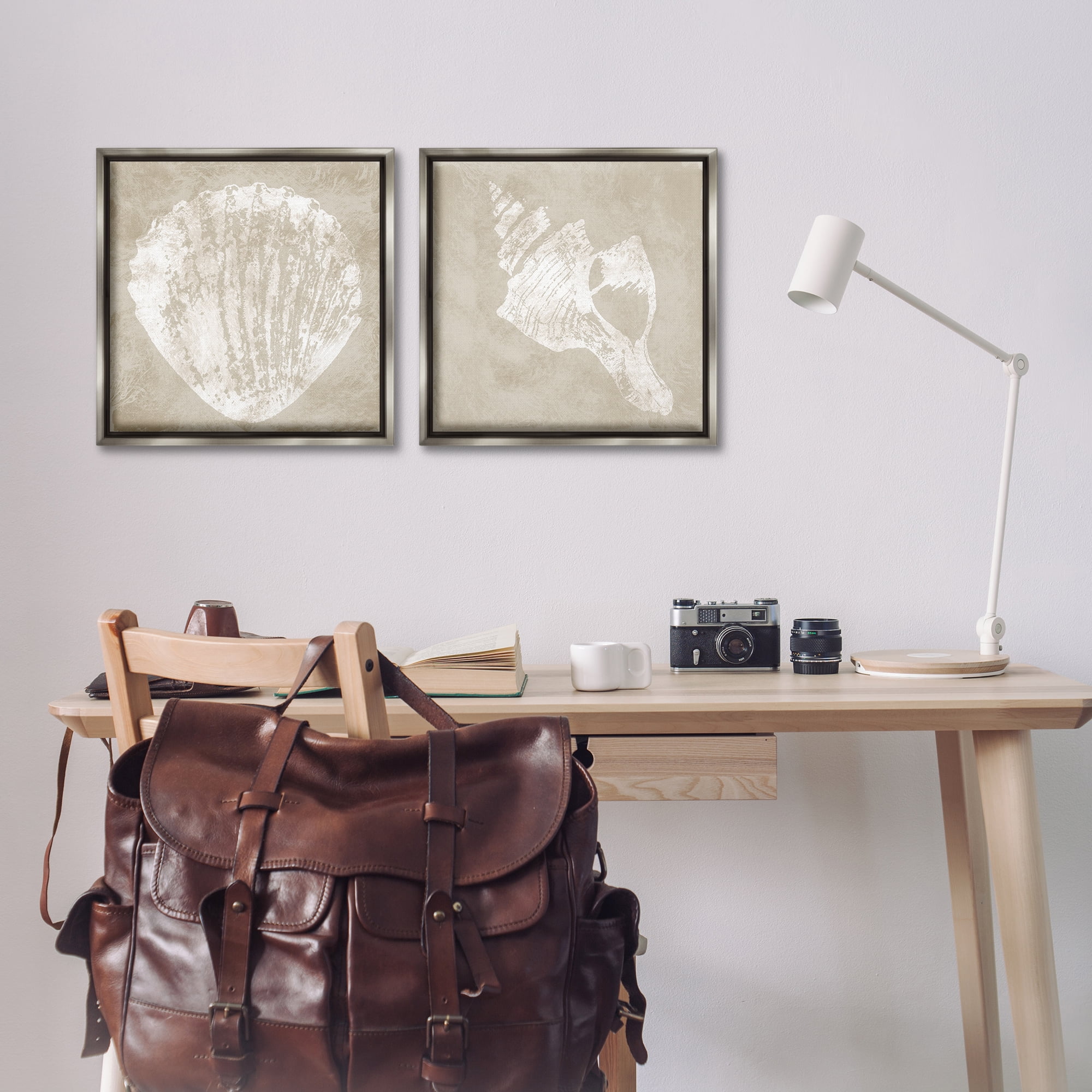 Stupell Industries Rustic Abstract Seashells Nautical & Beach Painting Gray Floater Framed Canvas Art Print Wall Art, 18 x 18, Set of 2