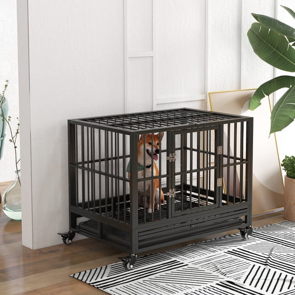 PawHut 36" Heavy Duty Dog Crate Metal Cage Kennel with Lockable Wheels
