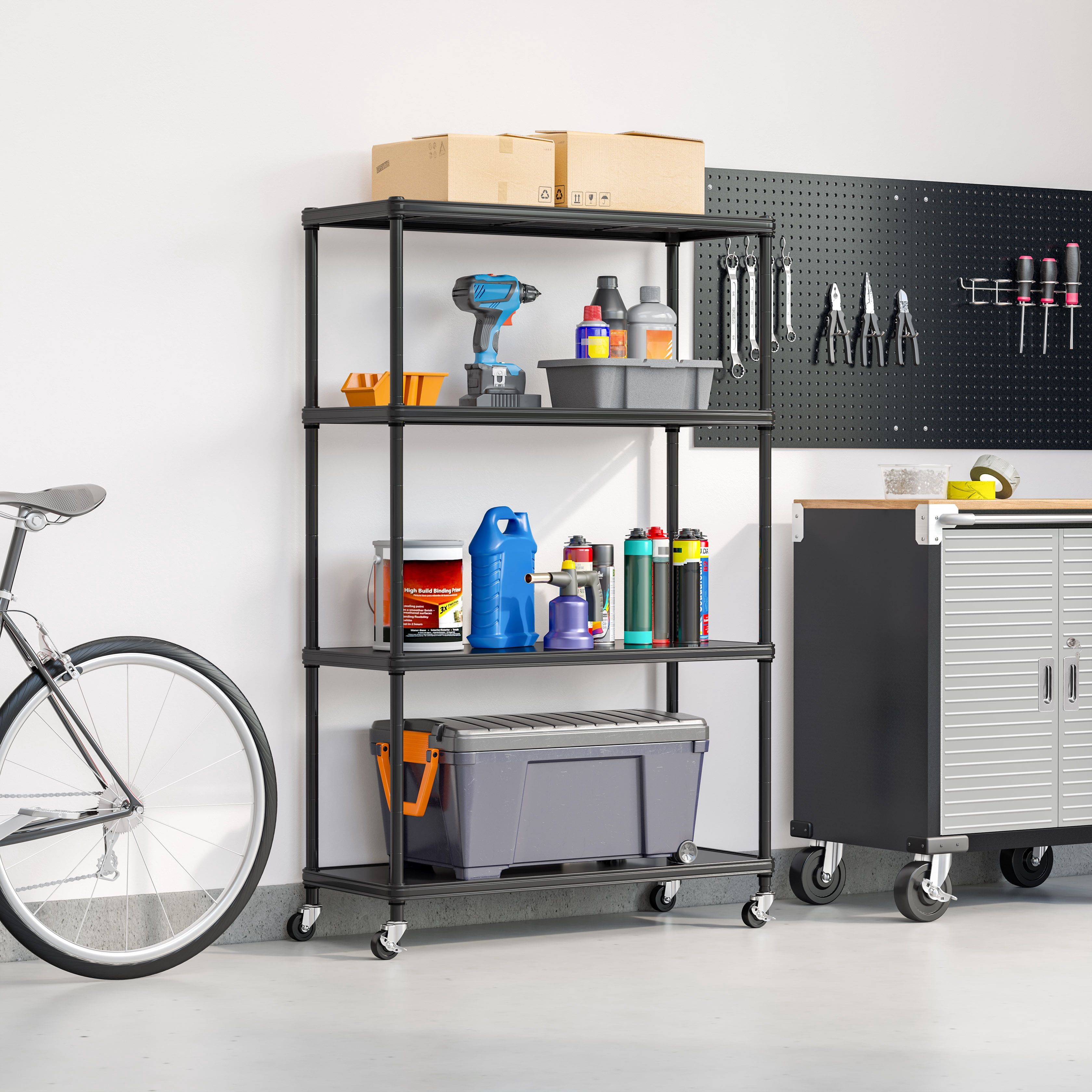 Seville Classics HOME 4-Tier Steel Wire Shelving with Wheels, 36" W x 14" D x 56.5" H, Black