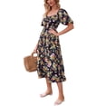 thumbnail image 6 of Coduop Women Casual Boho Floral  Short Sleeve Backless Smocked A-Line Swing Flowy Dress Sundress, 6 of 7