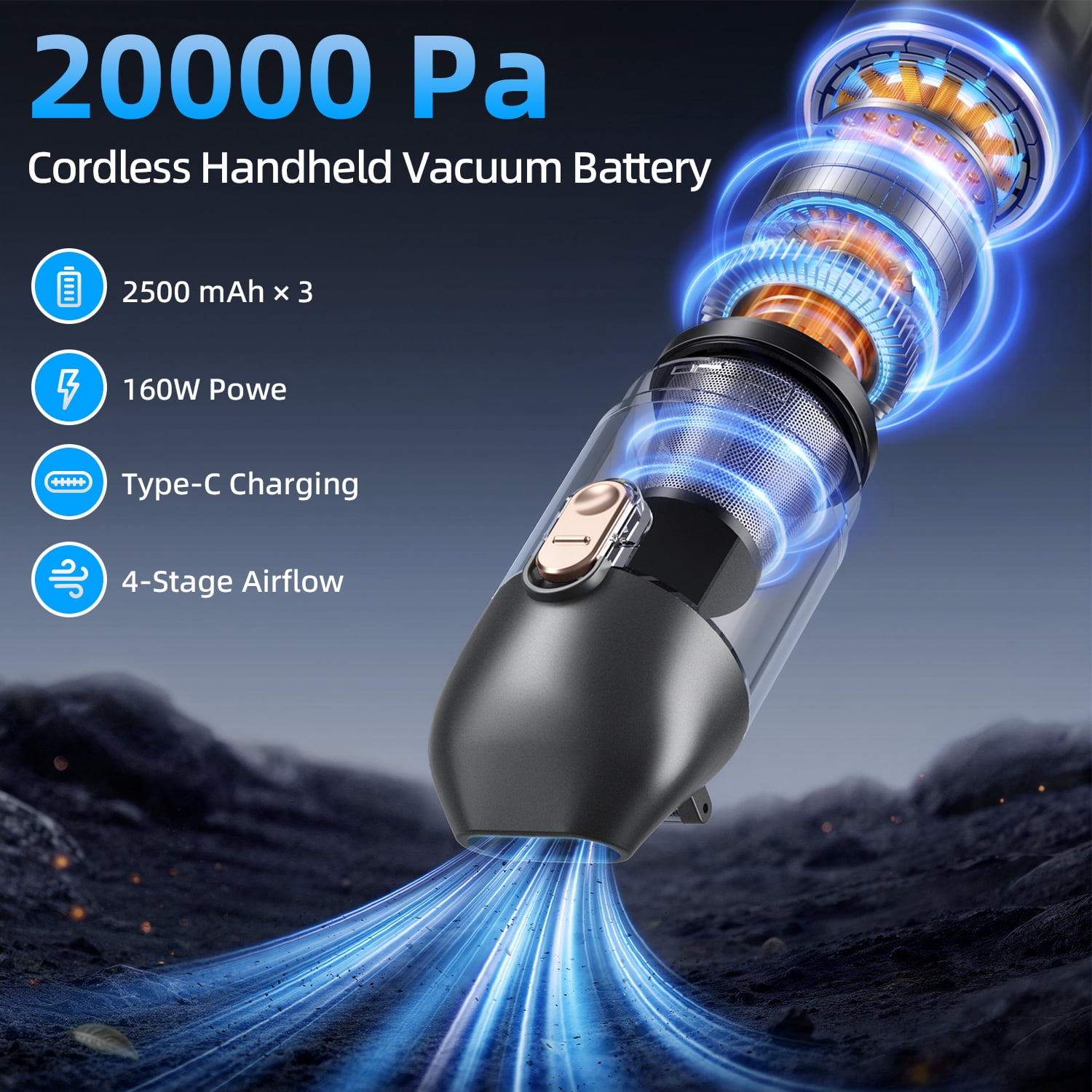 Askmuse Cordless Car Handheld Vacuum Cleaner, 20000Pa Portable Mini Vacuum, 7500mAh Rechargeable Battery, 4-Speed Suction, HEPA & Metal Filter, Long Nozzle, Brush Nozzle and Blow Nozzle, Black
