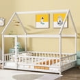 thumbnail image 2 of Jopath Full Size House Floor Wooden Bed with Roof Frame, Safety Guardrails for Boys Girls Whtie, 2 of 9