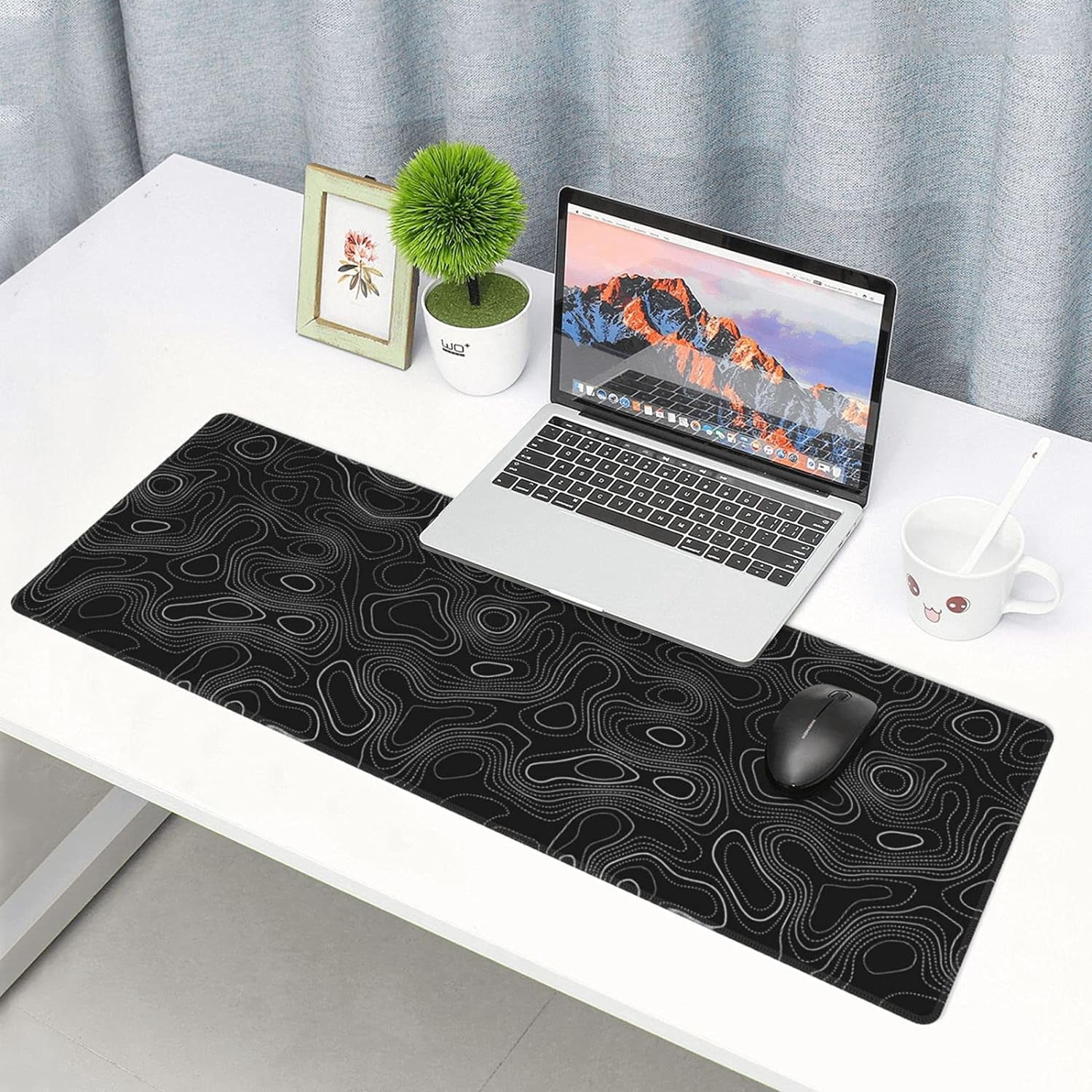 Topographic Mouse Pad Large Gaming XL Black and White Geographic Map Lines Contour Desk Mat Extend Long Mousepad for Computer Laptop Office Non-Slip Rubber Stitched Edges 31.5 x 11.8 Inch