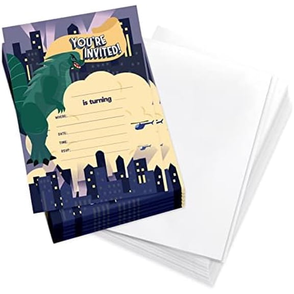 Godzilla Happy Birthday Invitations Invite Cards (25 Count) With Envelopes Boys Girls Kids Party (25ct Design 2)