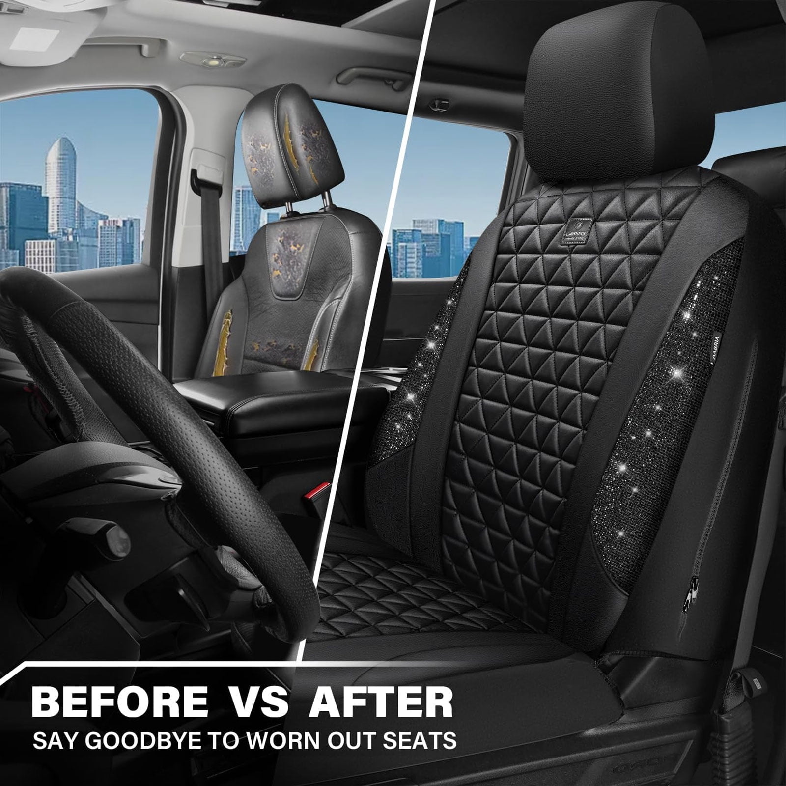 CAR GRAND Bling diamond leather automotive seat covers front pair water proof shining glitter sparkly crystal rhinestone universal armrest fit girl woman lady black