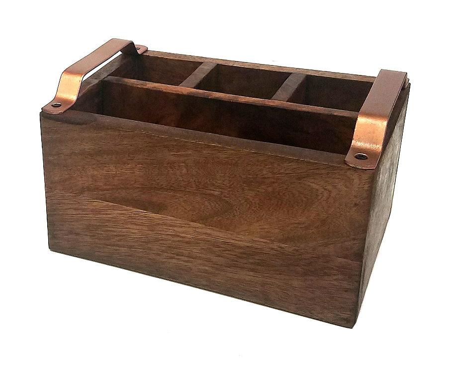 Tabletop Cutlery and Napkin Holder Mountain Woods Brown 4 Compartment Mango Wood Condiment Caddy 9.125 x 3 x 3.125 