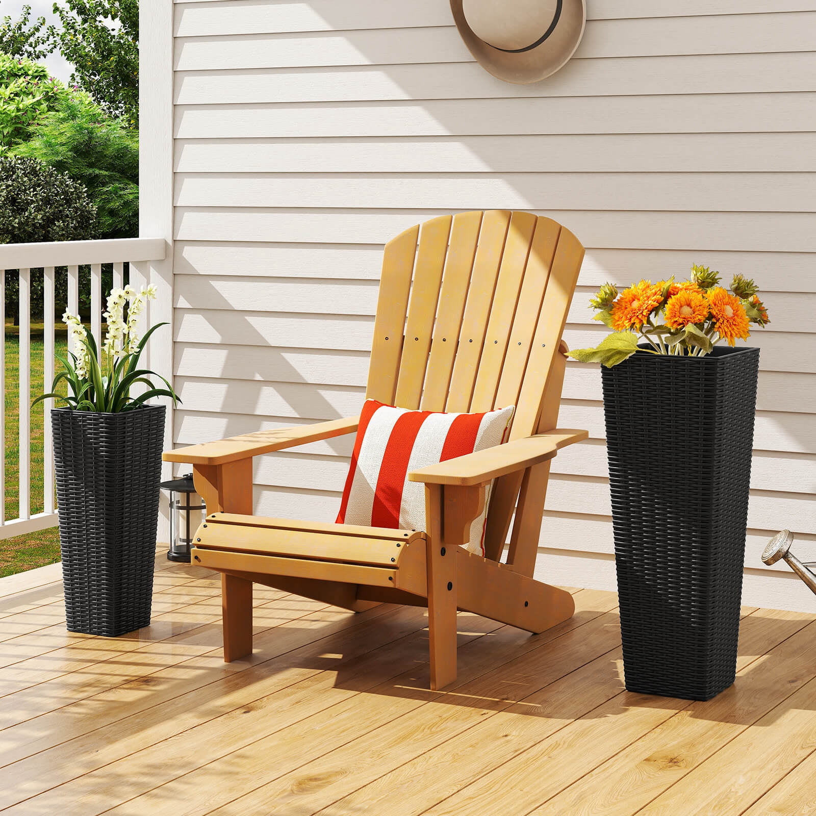 Costway Rattan Tall Planter Set of 2 with Removable Inner Trays, Drainage Holes for Garden Black