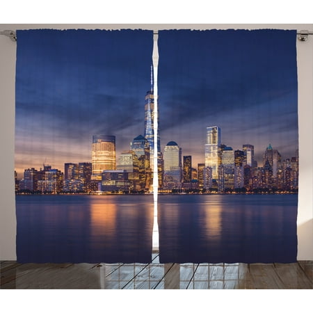 Apartment Decor Curtains 2 Panels Set, New York City Manhattan After Sunset View Picture with Skyline on the River, Window Drapes for Living Room Bedroom, 108W X 90L Inches, Navy Gold, by